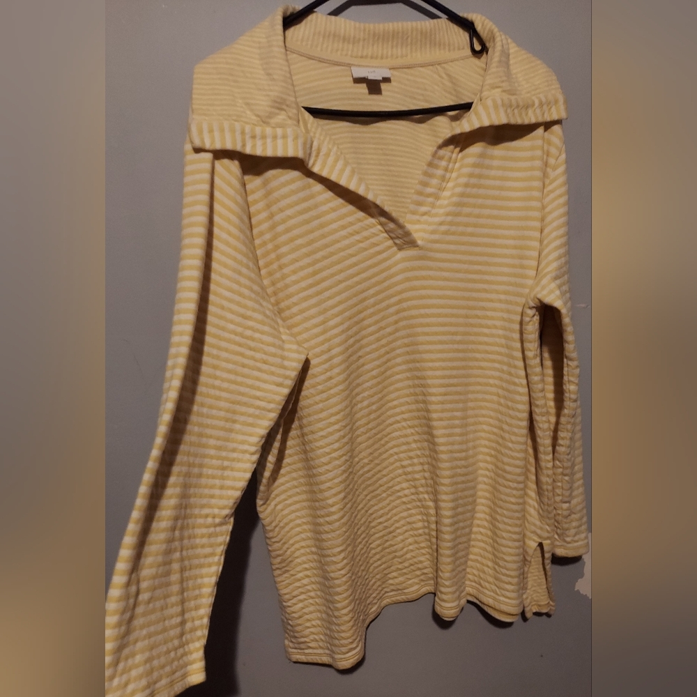 J Jill Pullover Top 2X Yellow White Striped Collared V Neck Tunic Beach Preppy